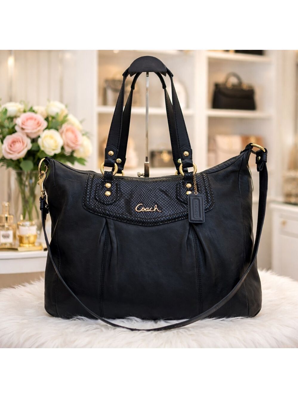 Coach Ashley Black Leather Satchel F20104 Snake Embossed Gold Hardware